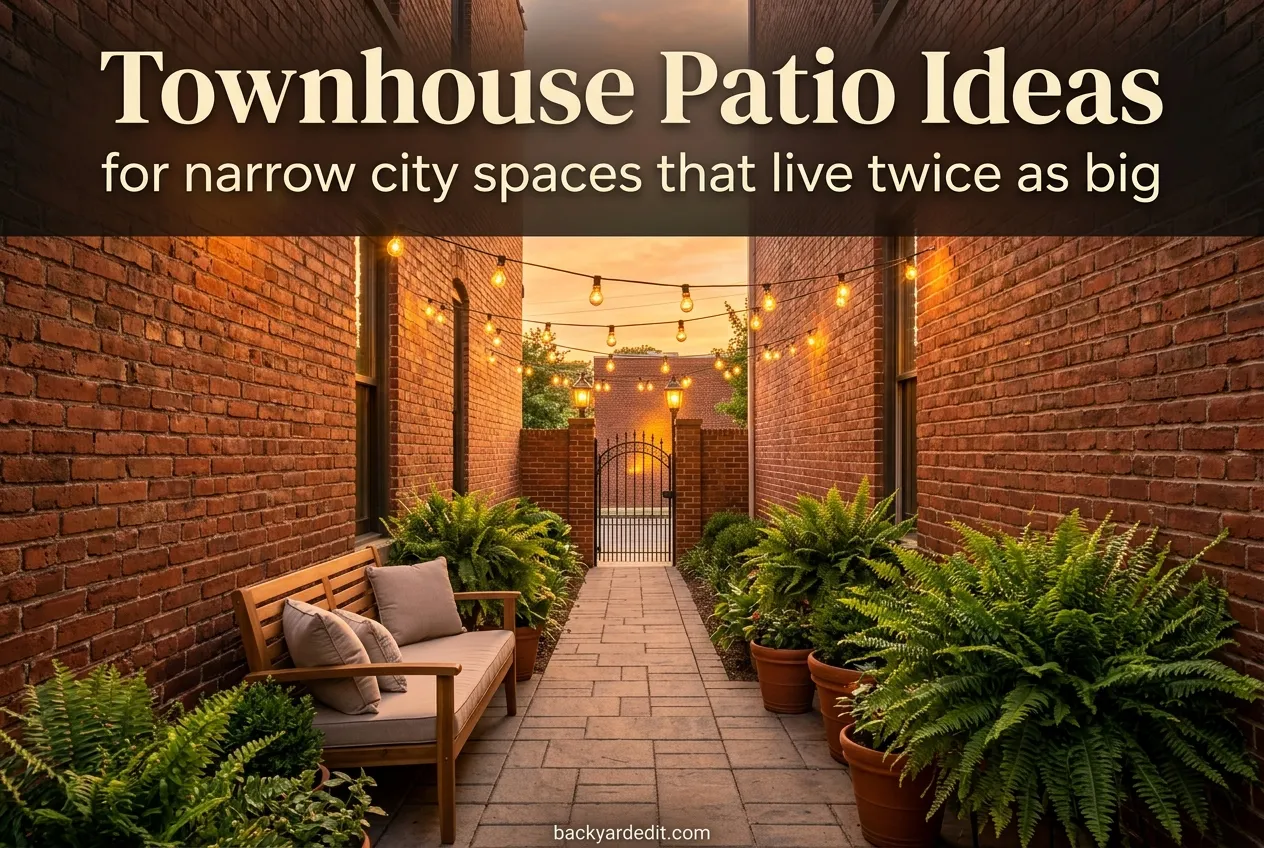 Townhouse patio ideas featured pin, narrow golden hour patio with bold overlay title text