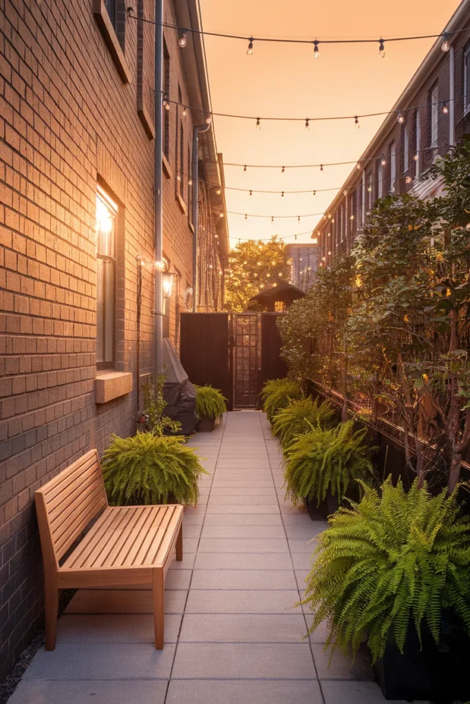 Townhouse patio ideas for a narrow city space with a loveseat, string lights, and a clear golden hour walkway
