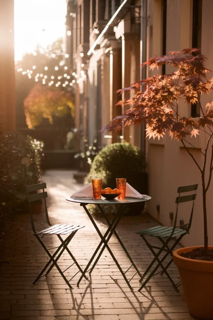 Townhouse patio ideas for fall, bistro dinner for two under string lights on a narrow city patio