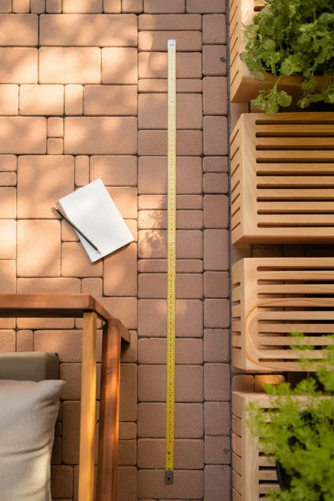 Townhouse patio ideas start with measuring a 36 inch clear walkway beside slim outdoor furniture