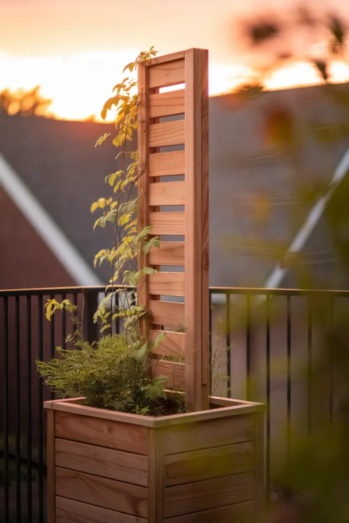 Townhouse patio privacy idea, freestanding cedar slat screen in a planter box with star jasmine