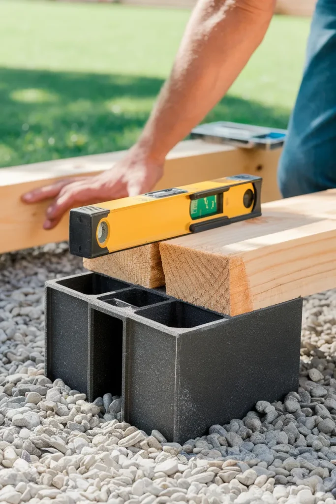 TuffBlock deck block foundation detail supporting a joist for a DIY floating deck