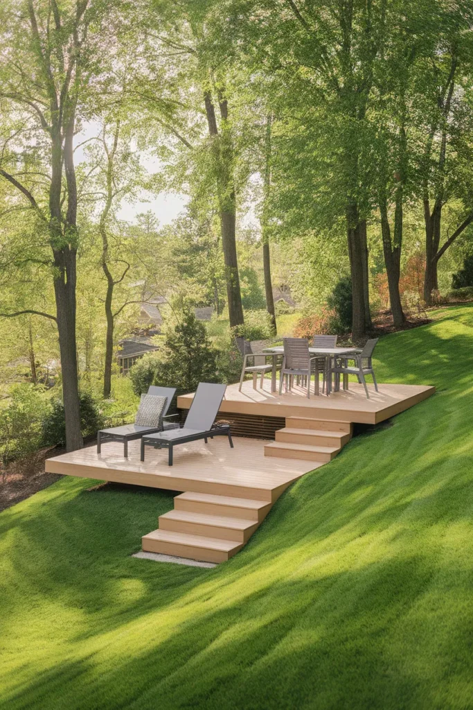 Two tier floating deck on a sloped backyard connected by a full width step