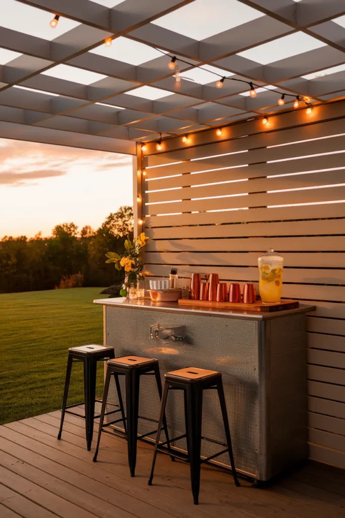 Under deck bar idea with galvanized console, stools, and cafe string lights
