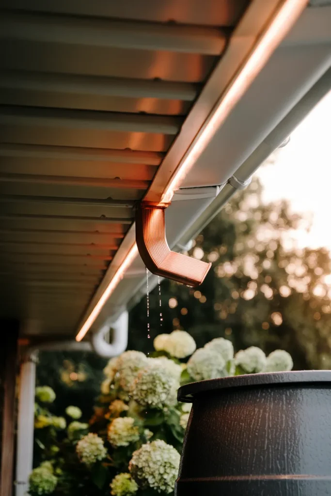 Under deck ceiling gutter and downspout detail carrying roof runoff to a rain barrel