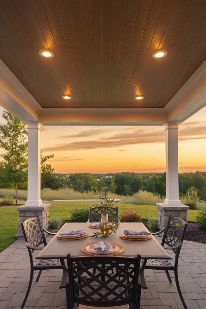 Under deck ceiling in woodgrain aluminum with recessed lights over an outdoor dining set at dusk