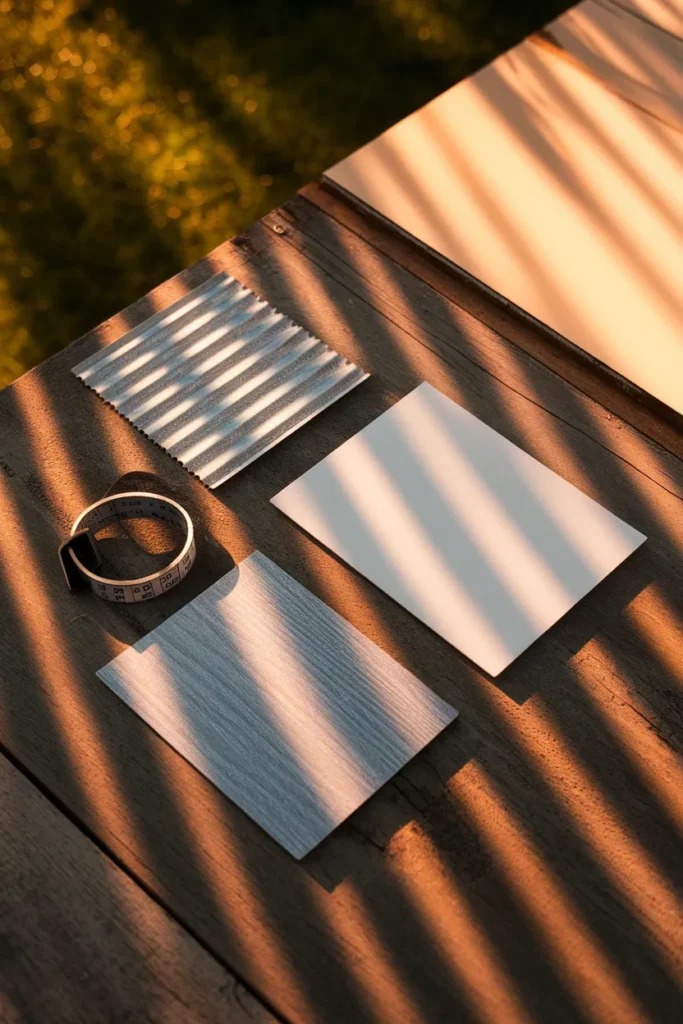 Under deck ceiling material samples, corrugated metal, vinyl, and aluminum compared on a cedar table