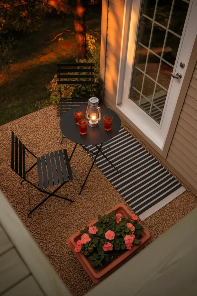Under deck dining nook by a walkout basement door with lantern and bistro table