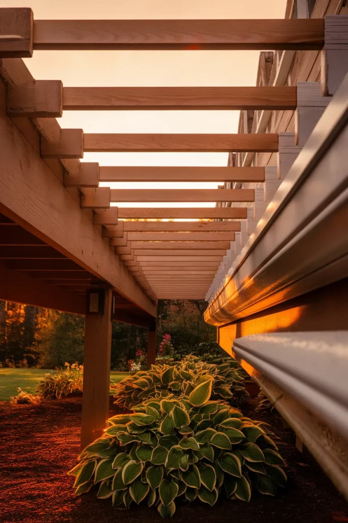 Under deck drainage system with sloped white panels carrying water to a gutter at sunset