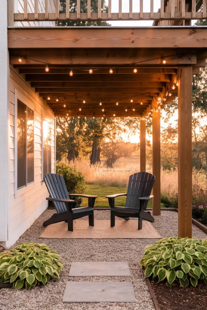 Under deck ideas turned into a cozy gravel patio room with string lights and Adirondack chairs