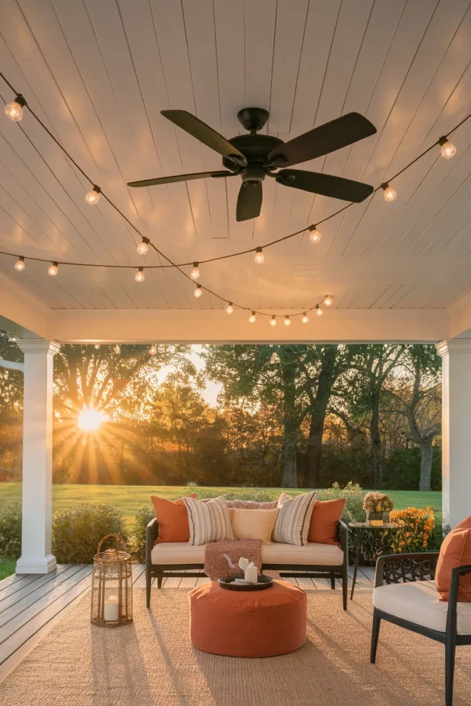 Under deck lighting idea with string lights and a damp rated fan on a finished white ceiling