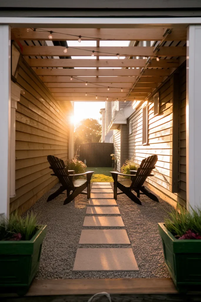 Under deck patio ideas townhouse style, gravel lounge with Adirondack chairs and string lights
