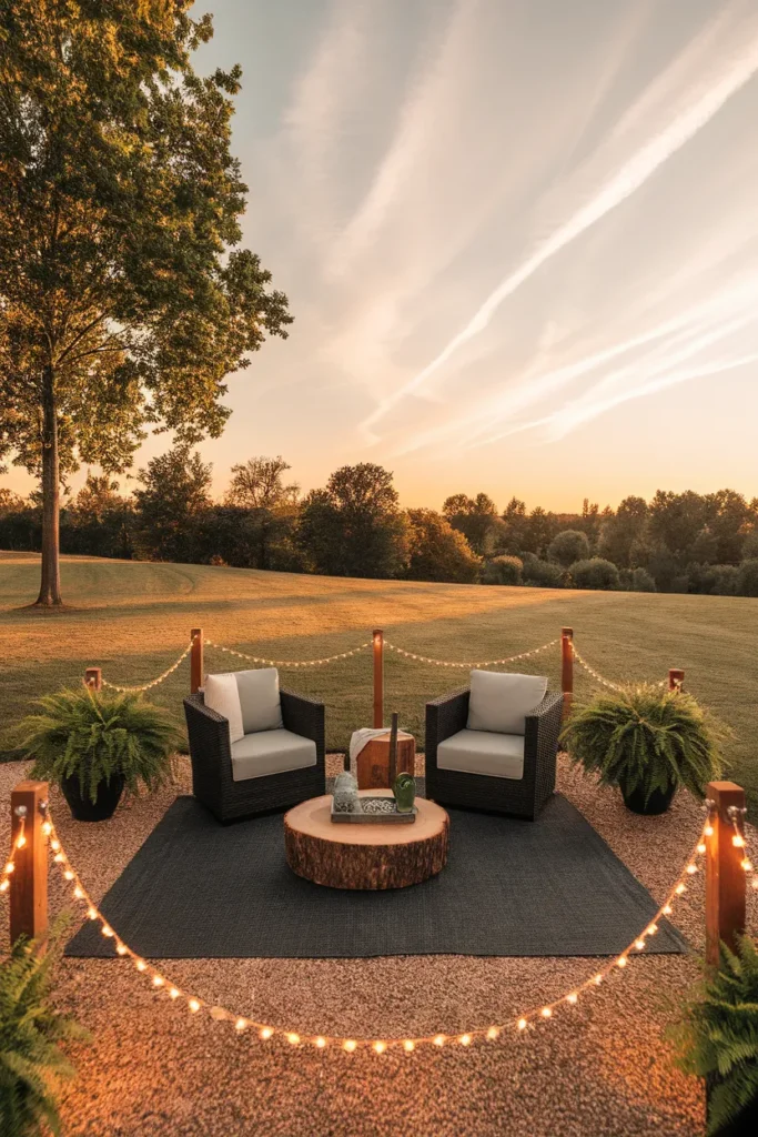 Under deck patio ideas with an outdoor living room, rope-lit posts, and a gravel floor