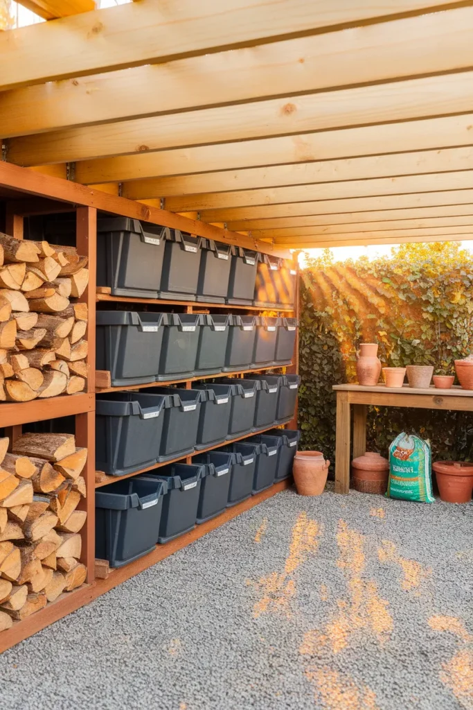 Under deck storage ideas with labeled weatherproof bins and a raised firewood rack