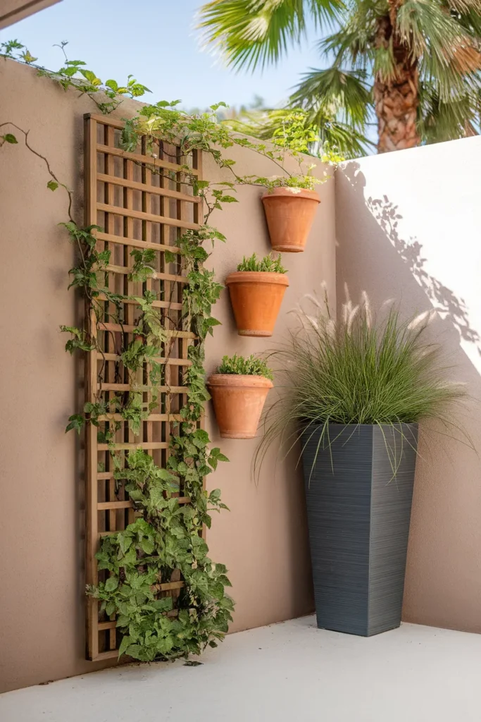 Vertical planters and wall pots saving floor space in a small patio layout