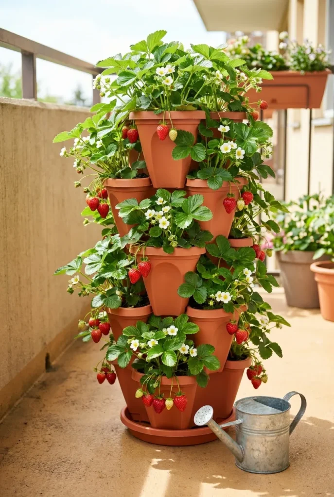 Vertical strawberry tower planter with ripe berries on a sunny small balcony