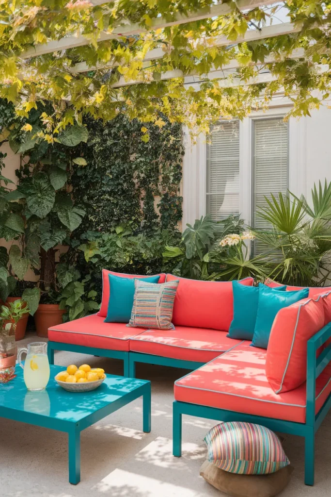 Vibrant outdoor furniture cushions still bright on a styled late-summer patio