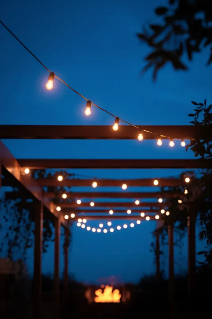Warm string lights across pergola beams above a fire pit at blue hour
