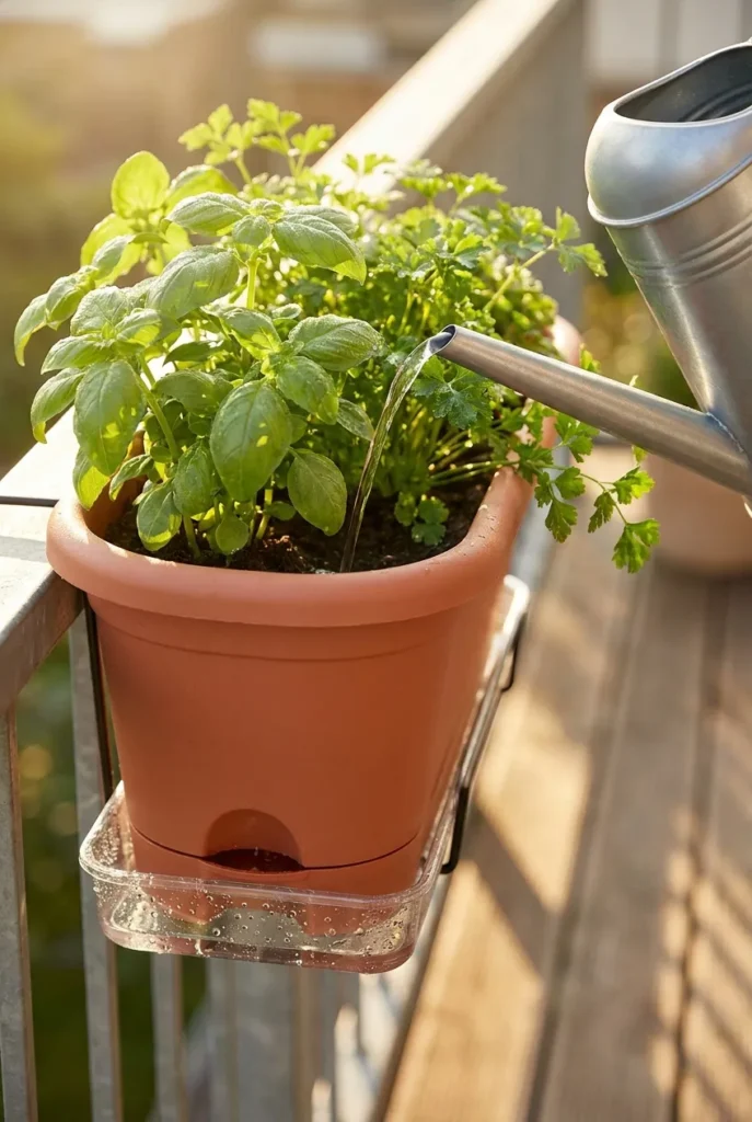 Watering a self-watering balcony planter with a drip tray to catch runoff
