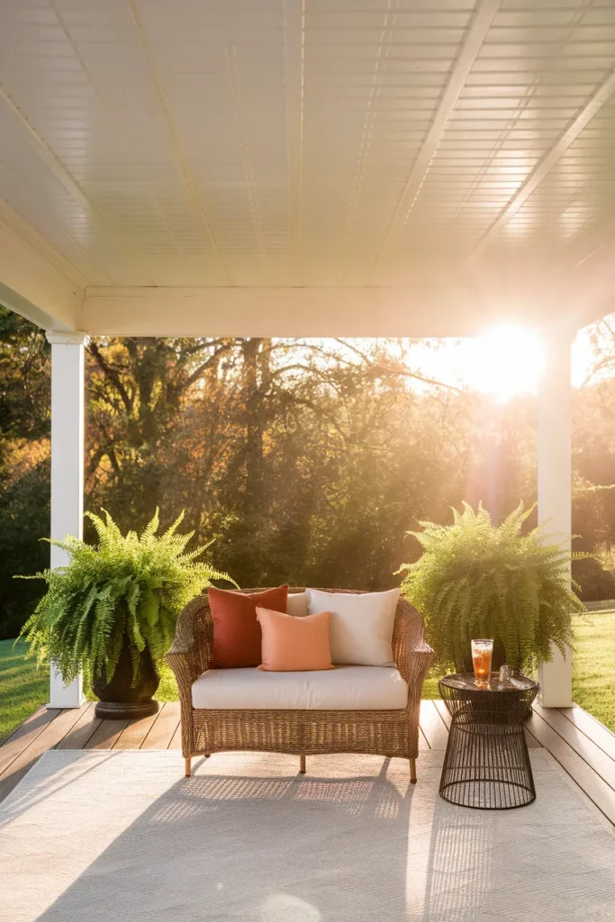 Waterproof under deck ceiling of snap-in white vinyl planks over a cozy wicker seating area