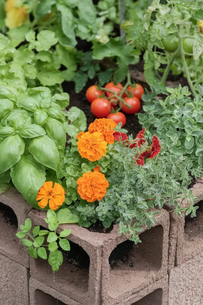 What to plant in a cinder block raised garden bed with herb-filled cavities