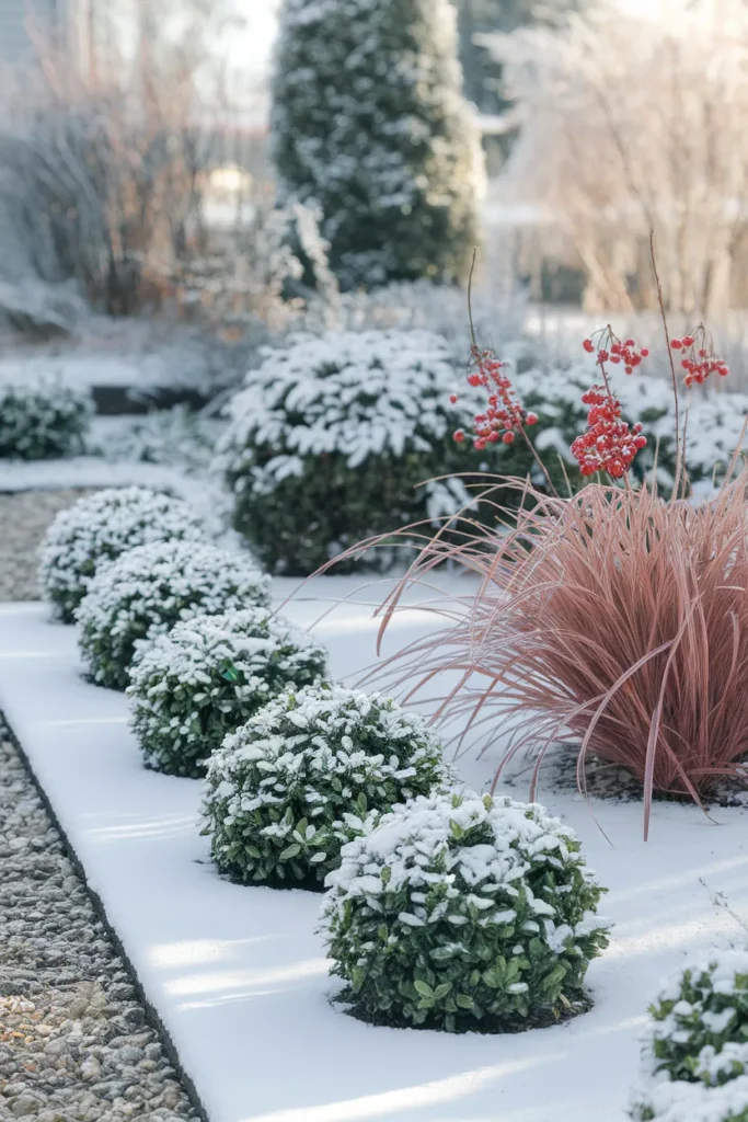 Winter structure in a low maintenance front yard landscaping design with evergreens and grasses
