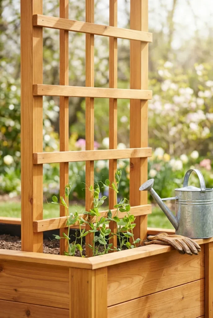 Wooden raised garden bed trellis in cedar with young pea vines climbing