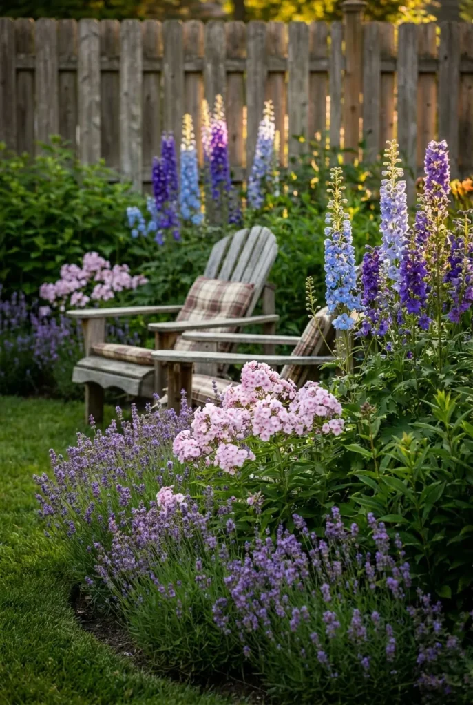 Back yard cottage garden border curving around a seating area