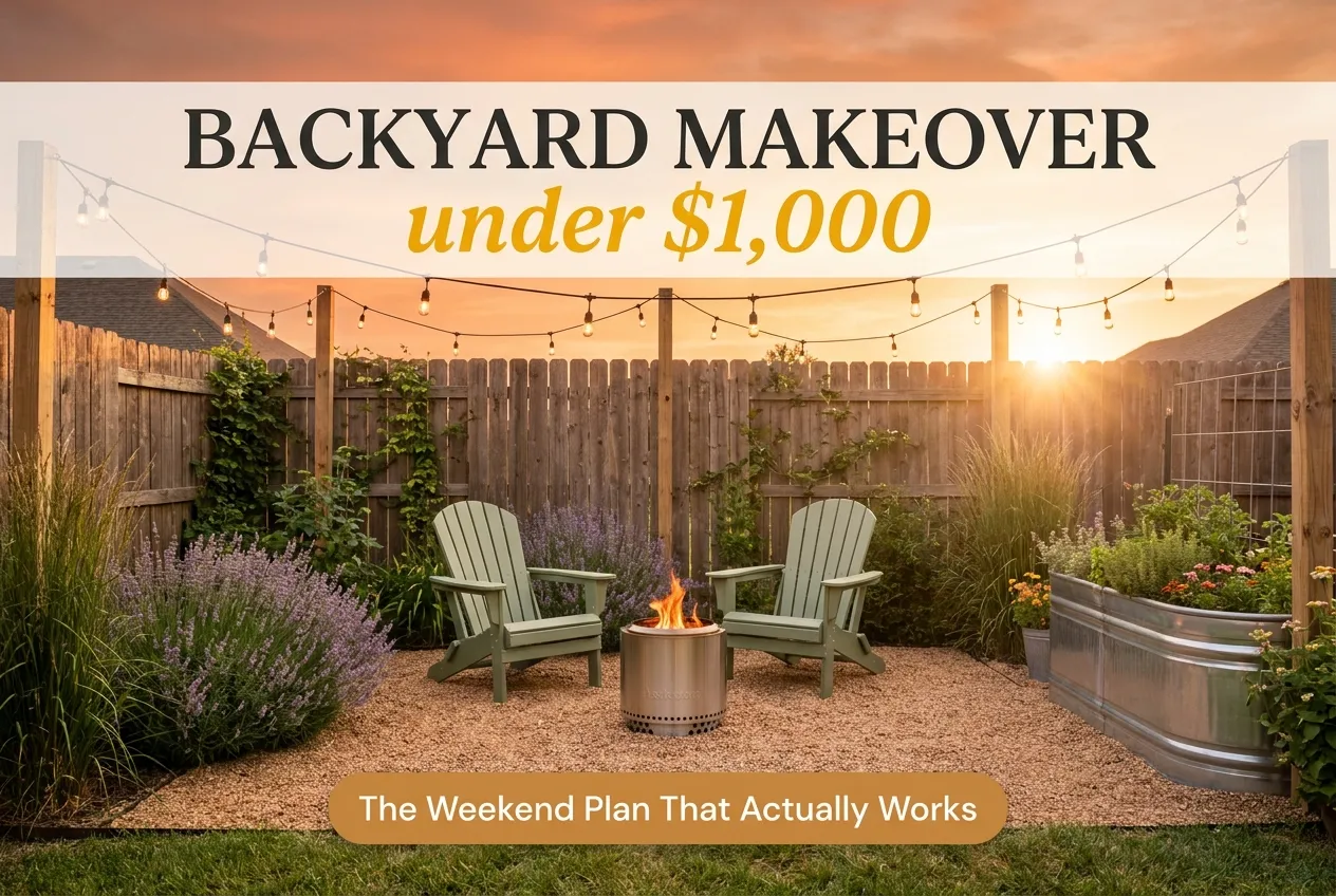 Backyard makeover under 1000 golden-hour hero with string lights and fire pit