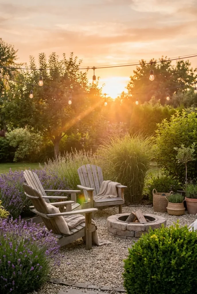 Finished cozy backyard makeover under 1000 at golden hour