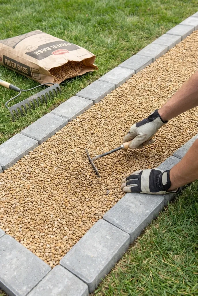 Leveling pea gravel for a backyard makeover under 1000 DIY patio