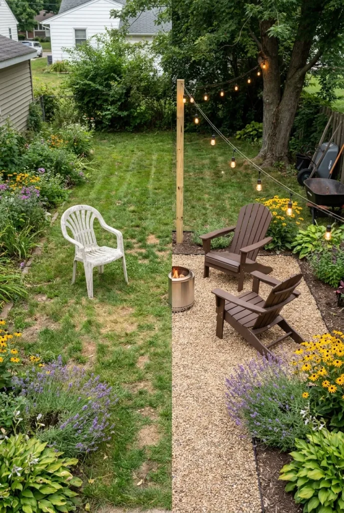 Backyard makeover under 1000 with gravel seating nook and string lights