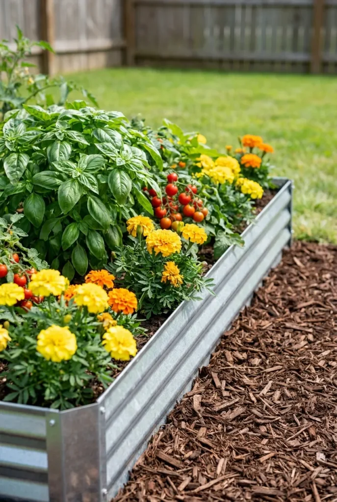 Galvanized raised bed and mulch in a backyard makeover under 1000