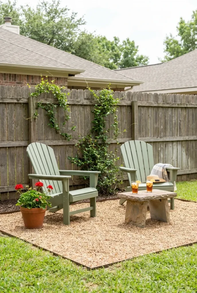 Two Adirondack chairs on gravel patio for backyard makeover under $1000.