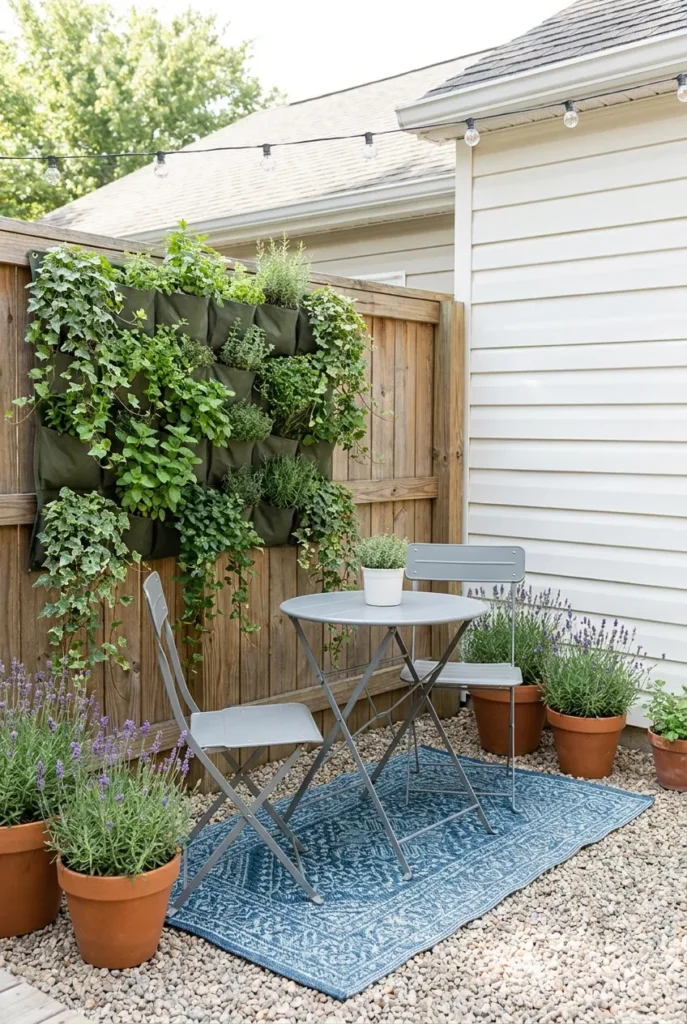 Small backyard makeover under 1000 with vertical garden and bistro set