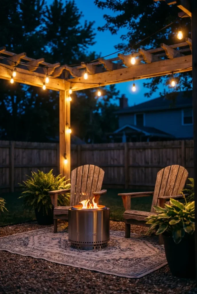 Evening string lights and fire pit backyard makeover under 1000