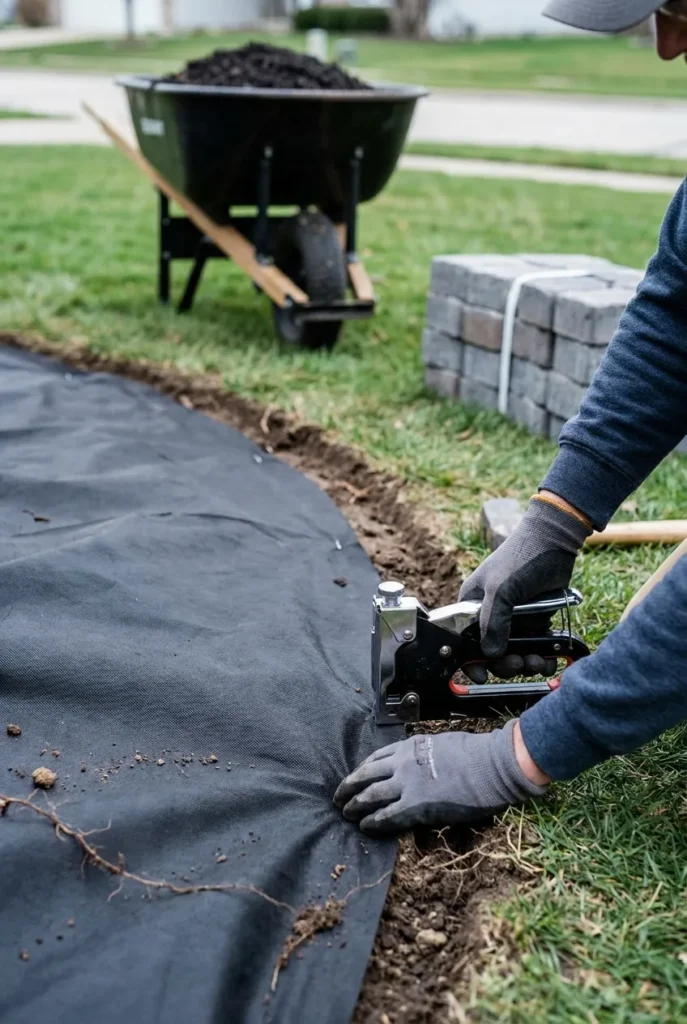 Edging and fabric prep for a weekend backyard makeover under 1000