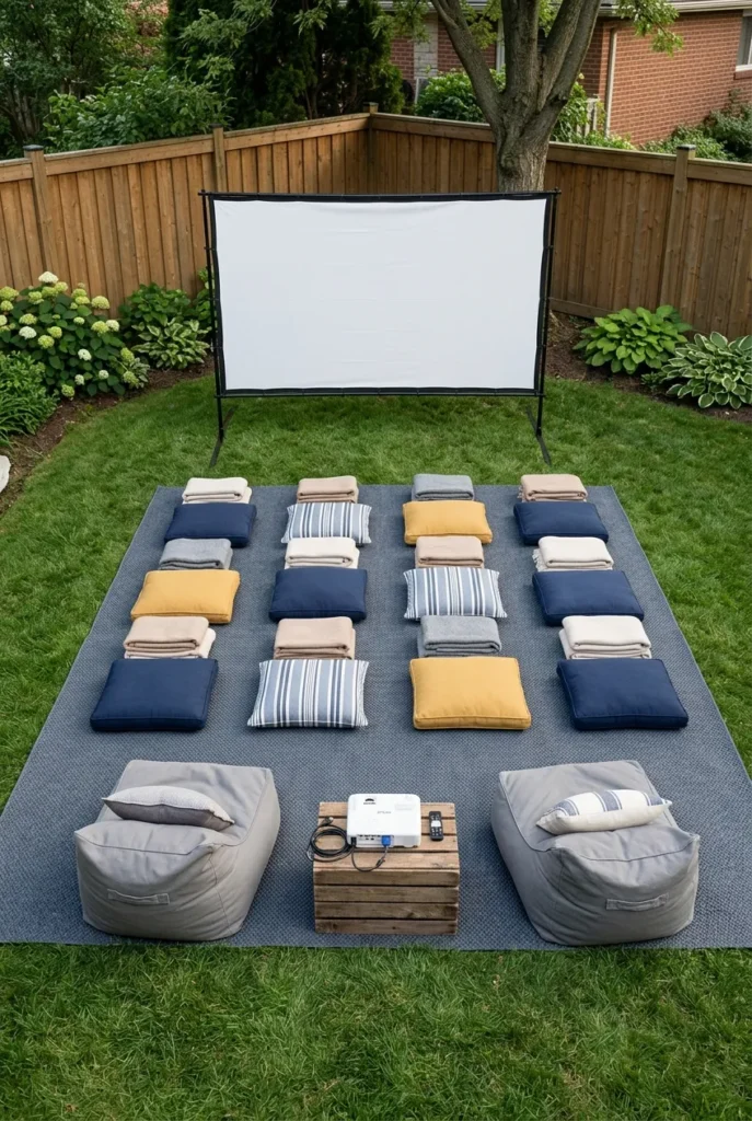 Backyard movie night setup layout showing screen distance and cushion seating spacing