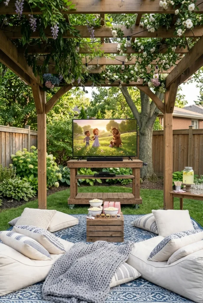 Daytime backyard movie night setup using a bright outdoor TV on a cart under shade