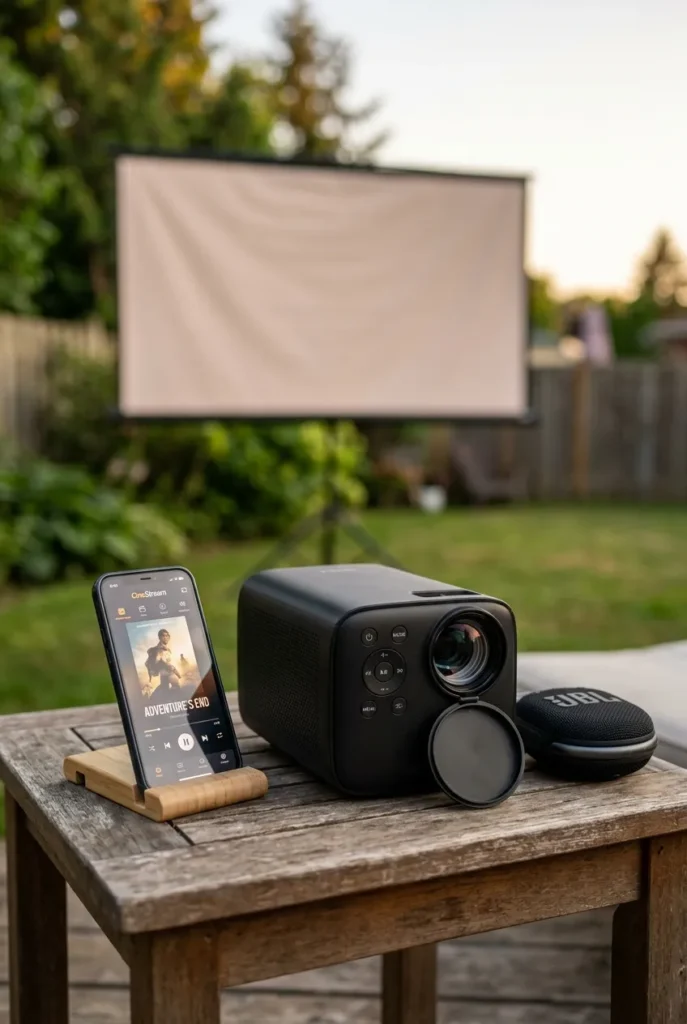 Backyard movie night setup gear: outdoor projector, Bluetooth speaker, and phone on a table
