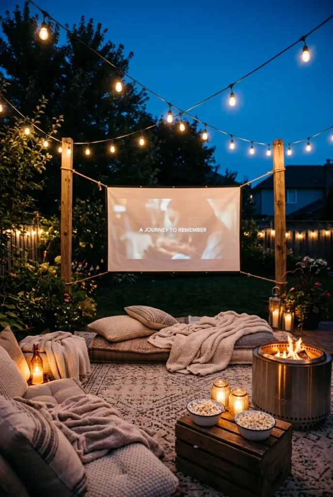 Backyard movie night setup at dusk with glowing screen, string lights, and cozy floor cushions