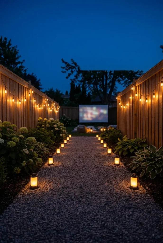 Backyard movie night setup ambience with warm string lights and lanterns off to the side