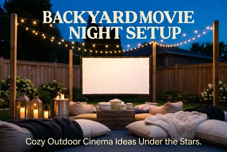 Backyard movie night setup at dusk with glowing screen, string lights, and cozy cushions