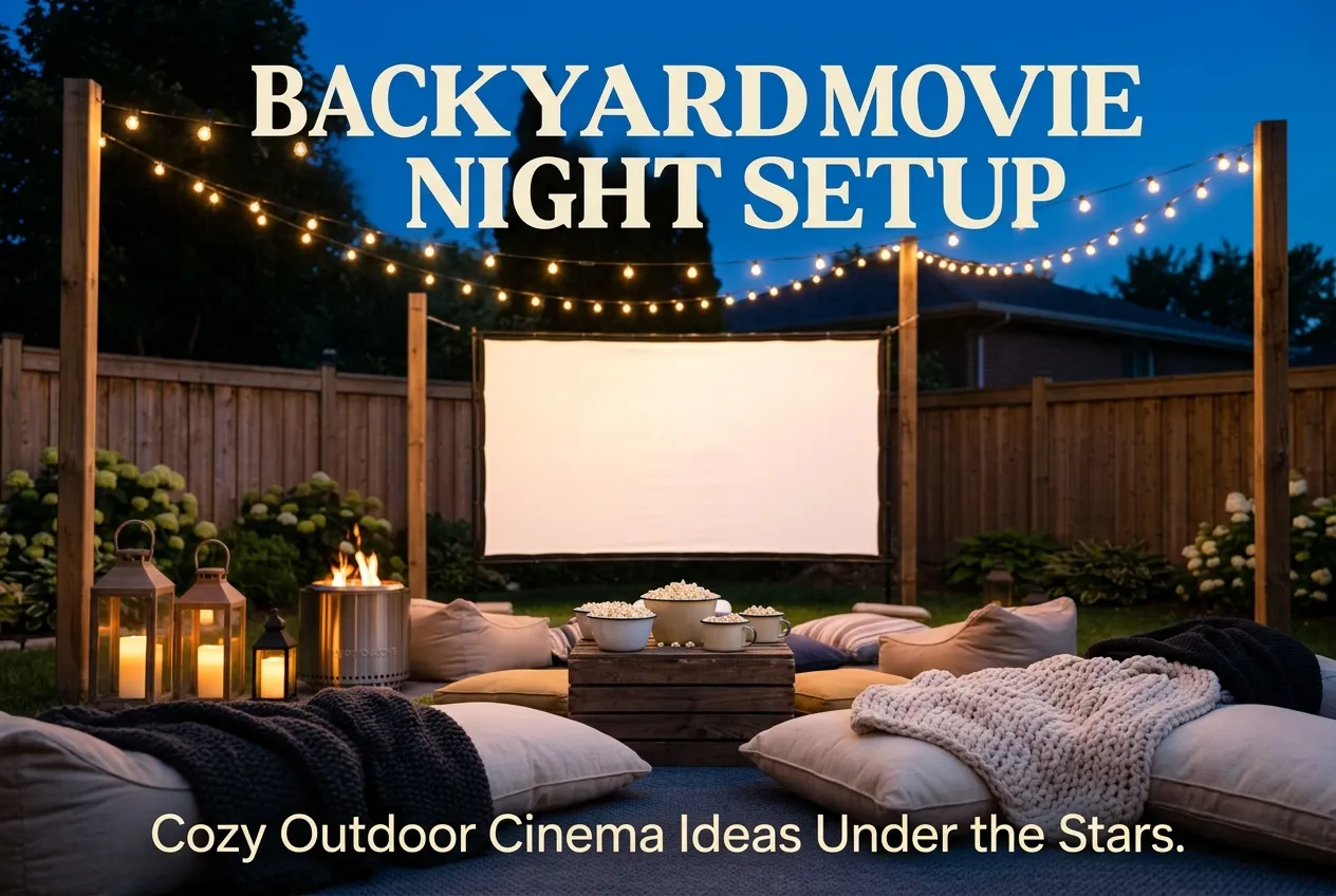 Backyard movie night setup at dusk with glowing screen, string lights, and cozy cushions