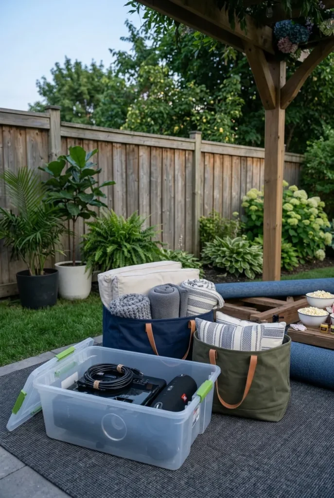 Backyard movie night setup reset kit with projector in a bin and cushions in totes