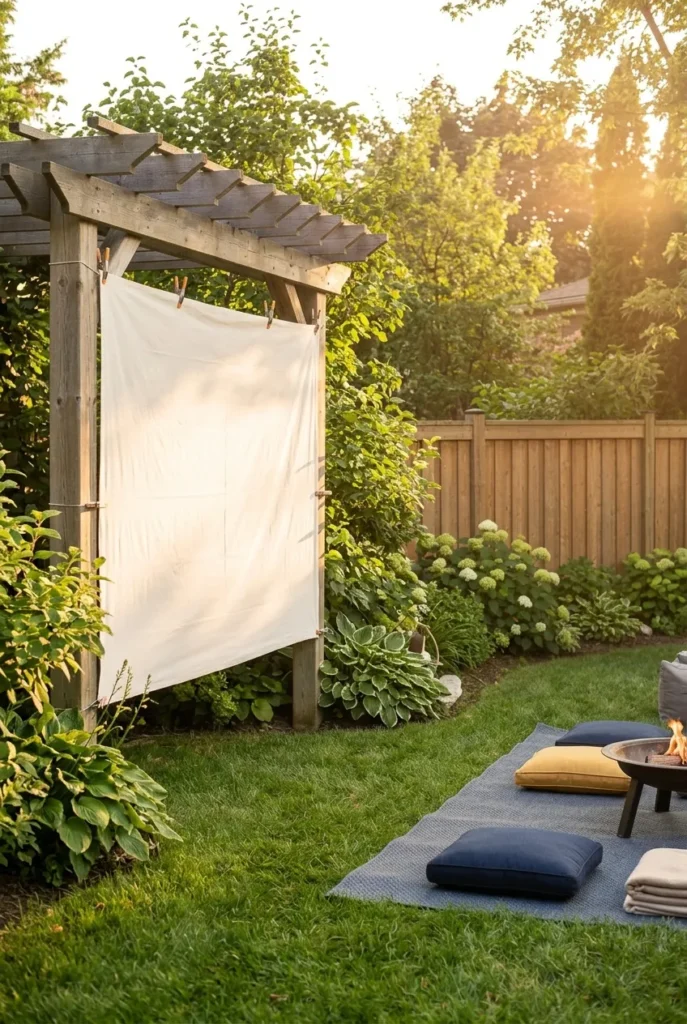 Backyard movie night setup screen made from a taut white drop cloth clipped to a pergola