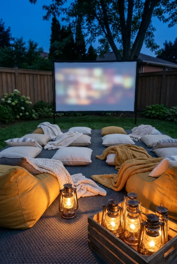 Cozy backyard movie night setup seating with floor cushions, bean bags, and blankets