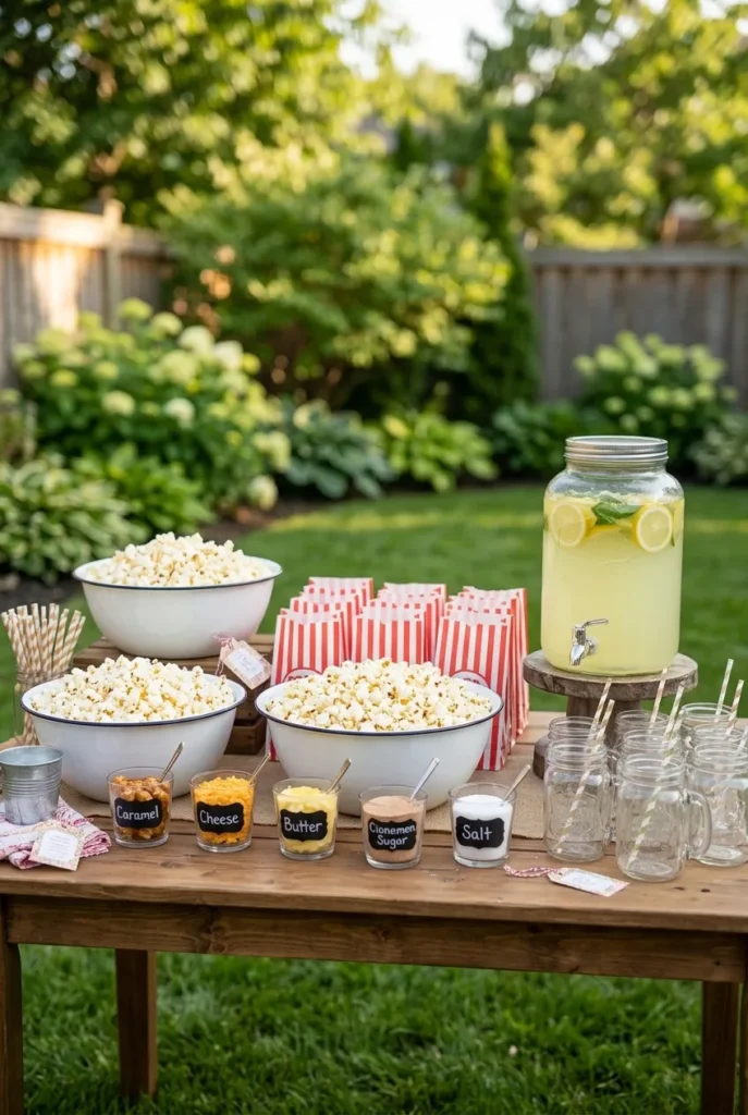 Backyard movie night setup snack bar with popcorn bowls, topping cups, and lemonade