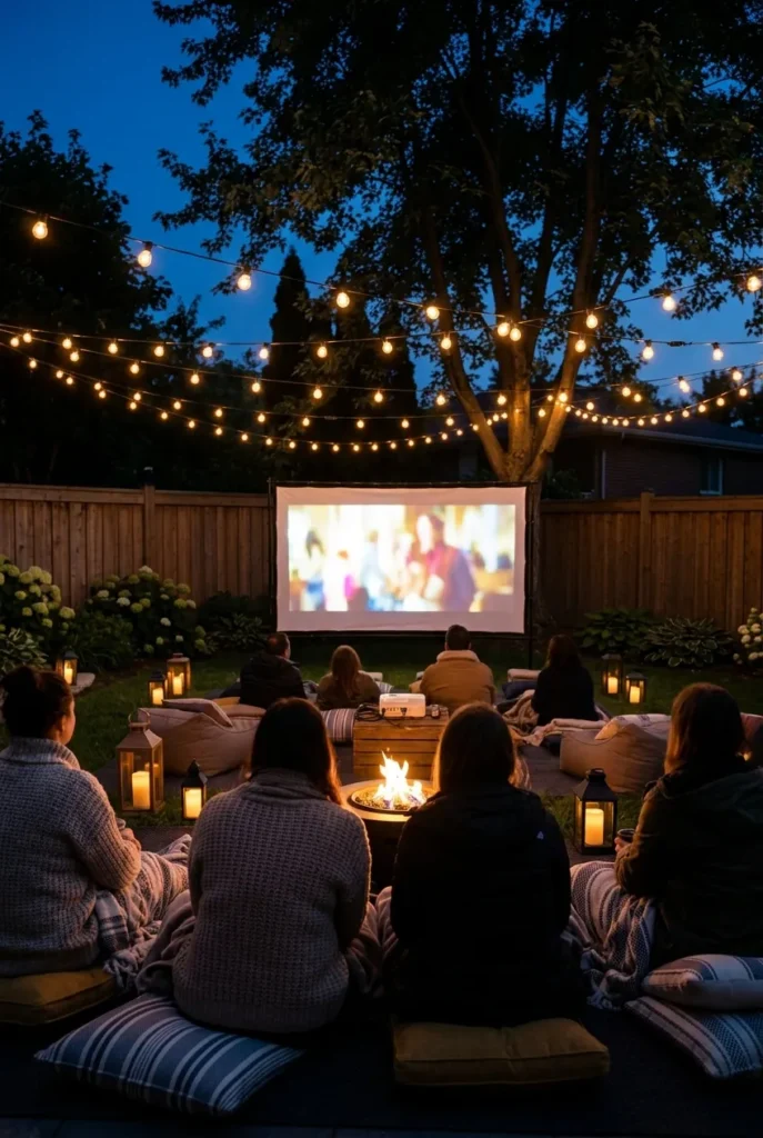 Backyard movie night setup with guests watching a glowing screen under string lights at dusk