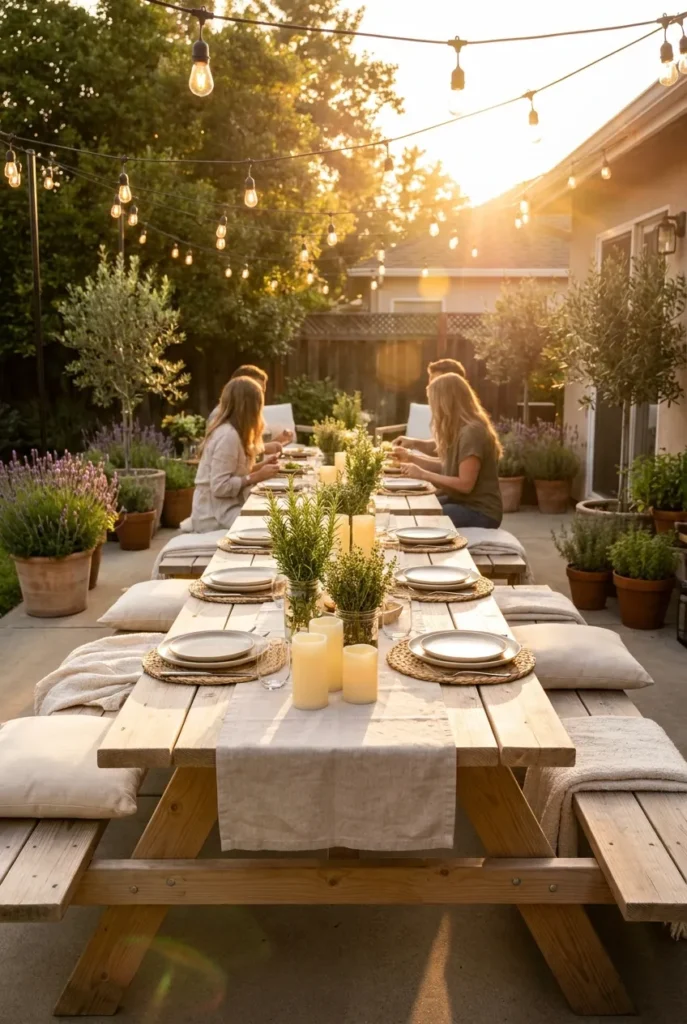 Cozy budget backyard oasis set for al fresco dining at golden hour